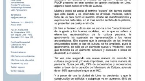 Percepciones sobre cultura. Instituto de Opinión Pública. Pontificia Universidad Católica del Perú.