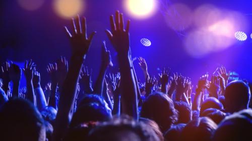 A crowd of people on the dancefloor with hands raised and disco